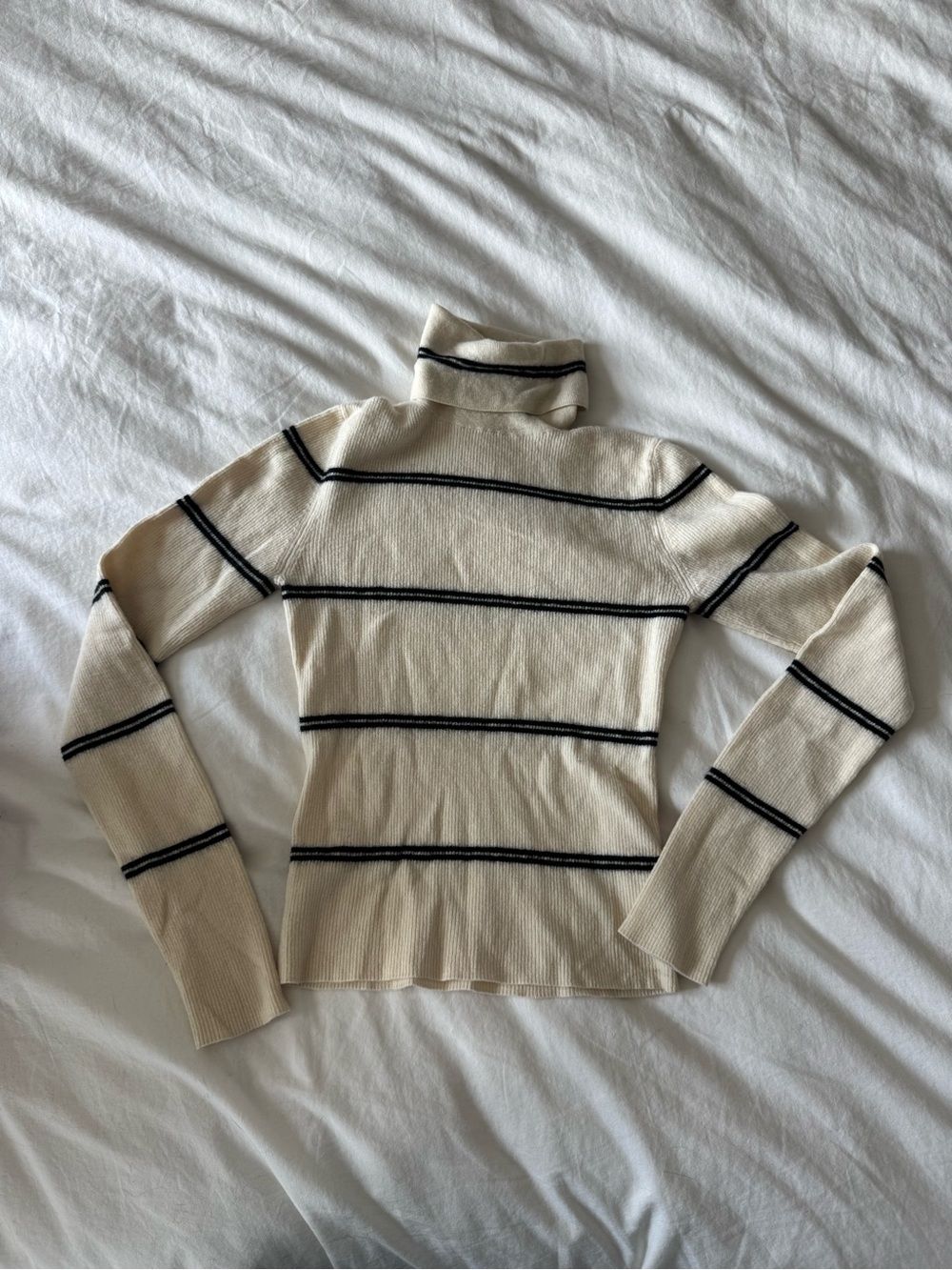 Theory Cream and Black Striped Turtleneck Sweater